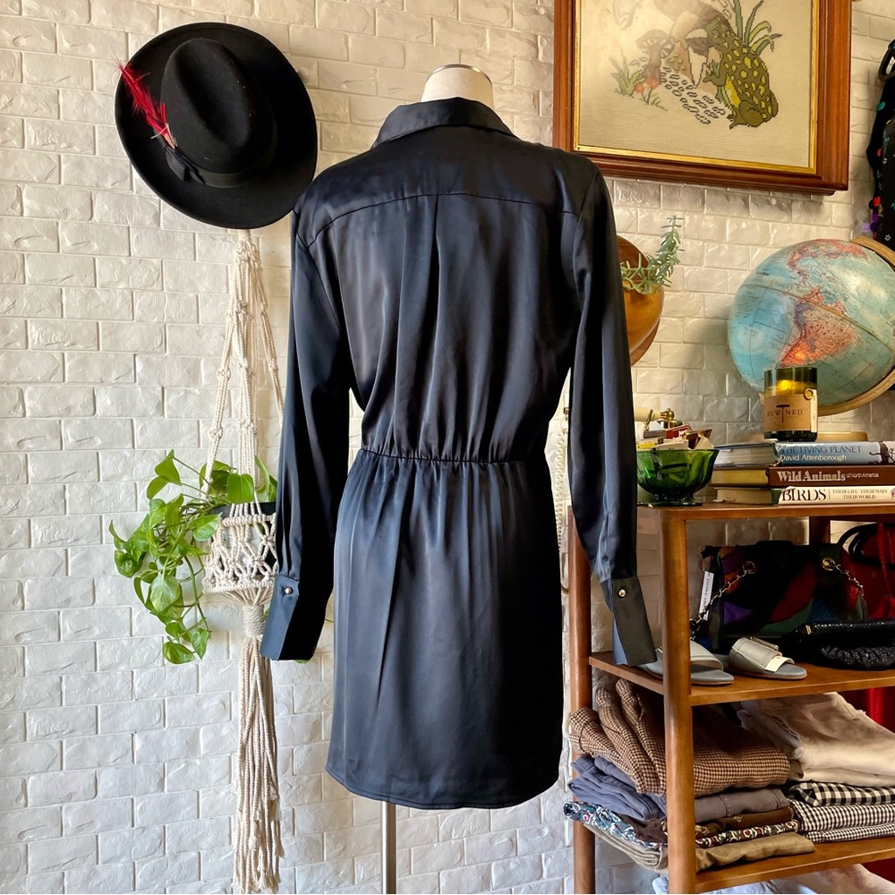 SOLD House of Harlow 1960 x Revolve Navy Satin Long Sleeve Mini Wrap Dress - Picture 10 of 14